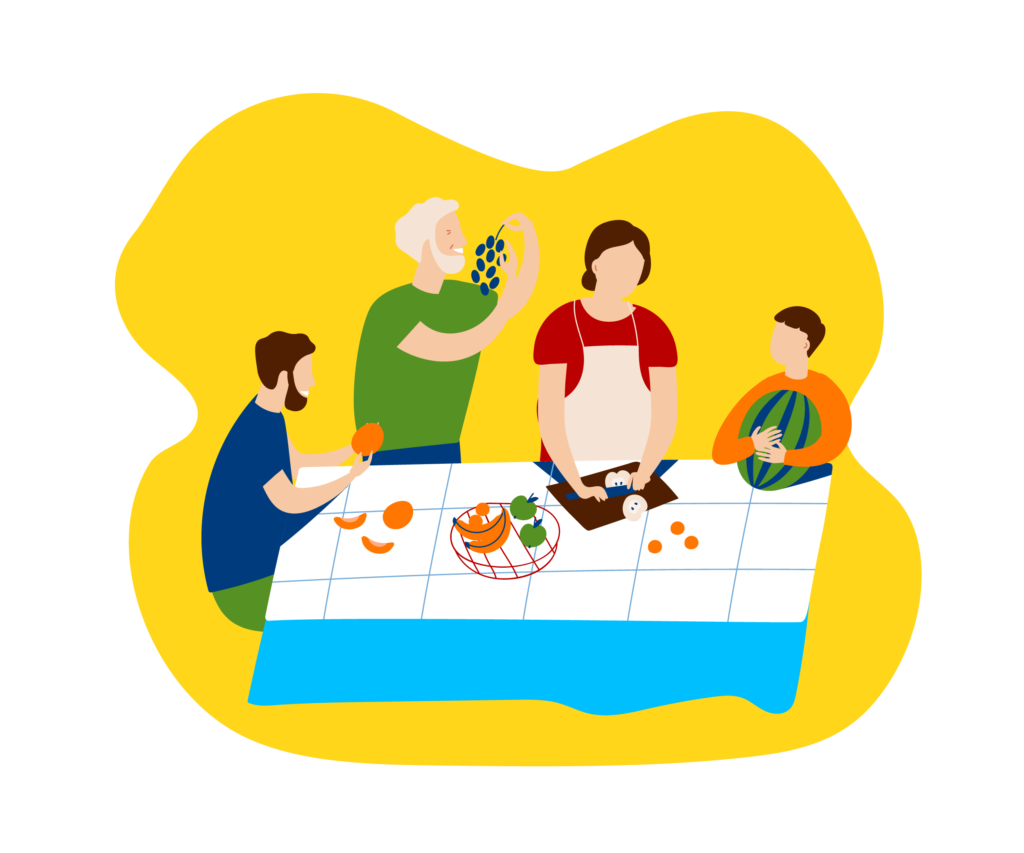 Family enjoying food together around a table. Father is peeling oranges, grandpa is eating grapes, mother is chopping fruits, and the child is holding a watermelon.