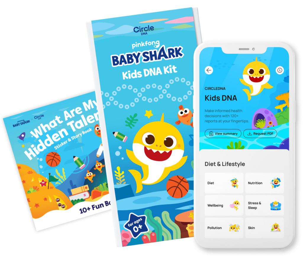 From the left: Baby Shark Sticker & Story Book: What Are My Hidden Talents?, Baby Shark x CircleDNA Kids Test Kit, a phone screenshot of the results of the DNA test, showing Diet, Nutrition, Wellbeing, Stress & Sleep, Pollution, and Skin.